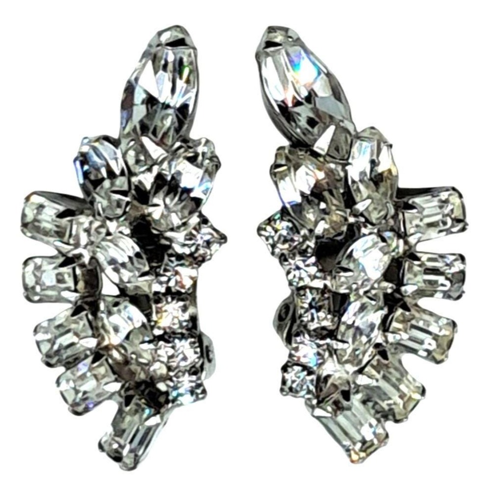 Vintage Rhinestone Earrings Ear Climbers Clear Stones Silver Tone Clip On Costum